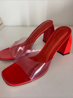 BY FAR Red Vinyl Strap Block Heel Mules